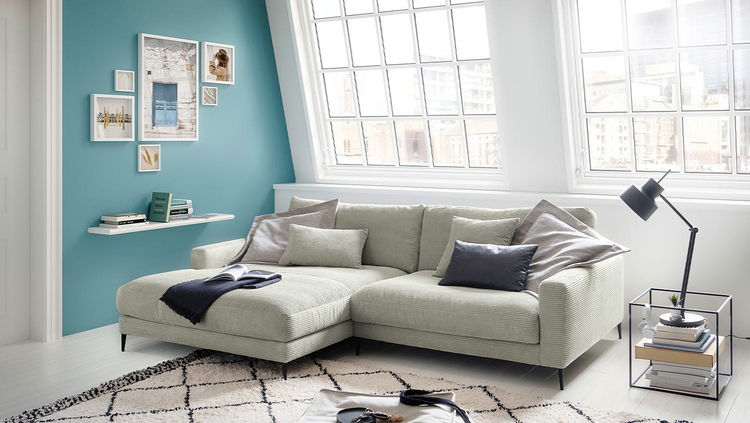 KAWOLA Ecksofa CARA Sofa Cord steingrau, Links