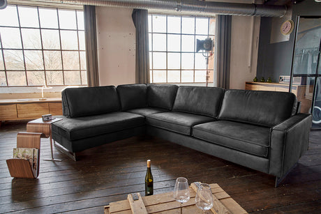 KAWOLA Ecksofa VILNIUS 3-Sitzer mit Recamiere Lederfaserstoff schwarz, Links
