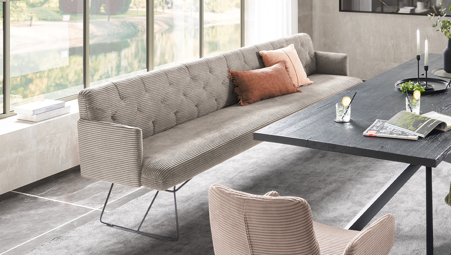 KAWOLA Esszimmerbank CHARME Cord steingrau, 5-Sitzer