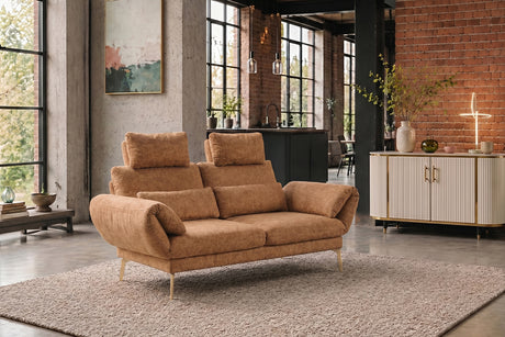 KAWOLA Funktionssofa HOLLY 2-Sitzer Stoff cognac, 2 Kopfstützen
