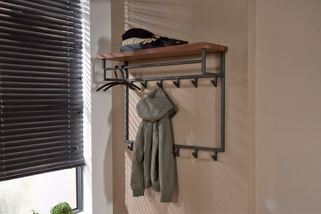 KAWOLA Garderobe ADELIA Nussbaum Metall Hutablage 12 Haken grau