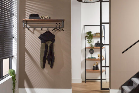 KAWOLA Garderobe ADELIA Nussbaum Metall Hutablage 6 Haken grau