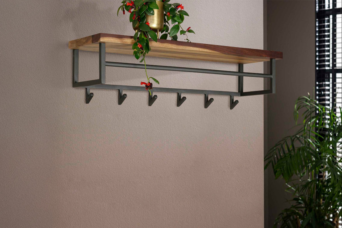 KAWOLA Garderobe ADELIA Nussbaum Metall Hutablage 6 Haken grau