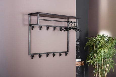 KAWOLA Garderobe ADORA Akazie Metall Hutablage 12 Haken schwarz