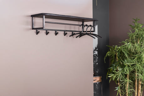 KAWOLA Garderobe ADORA Akazie Metall Hutablage 6 Haken schwarz