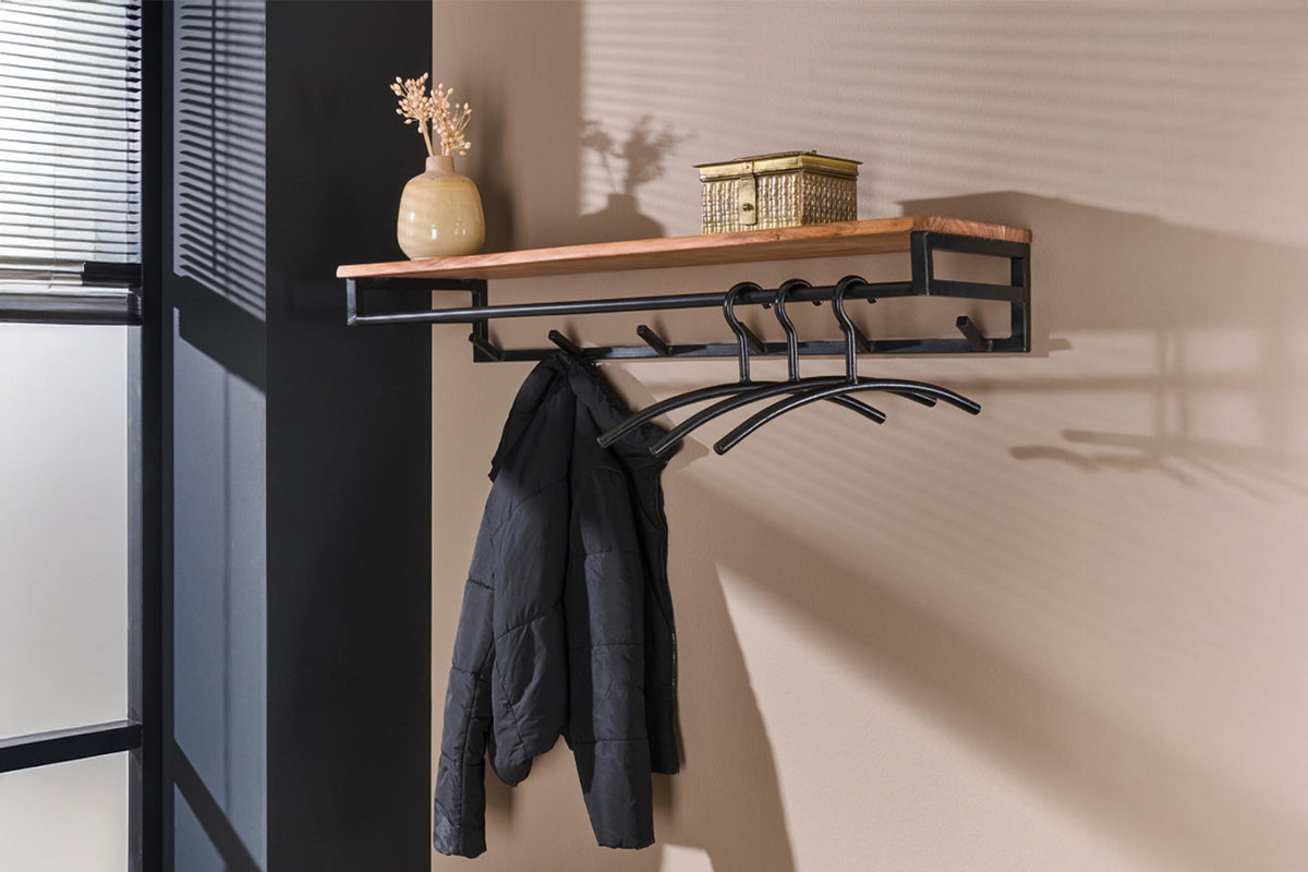 KAWOLA Garderobe ELIARA Akazie Metall Hutablage 6 Haken schwarz