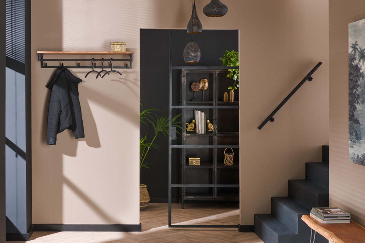 KAWOLA Garderobe ELIARA Akazie Metall Hutablage 6 Haken schwarz