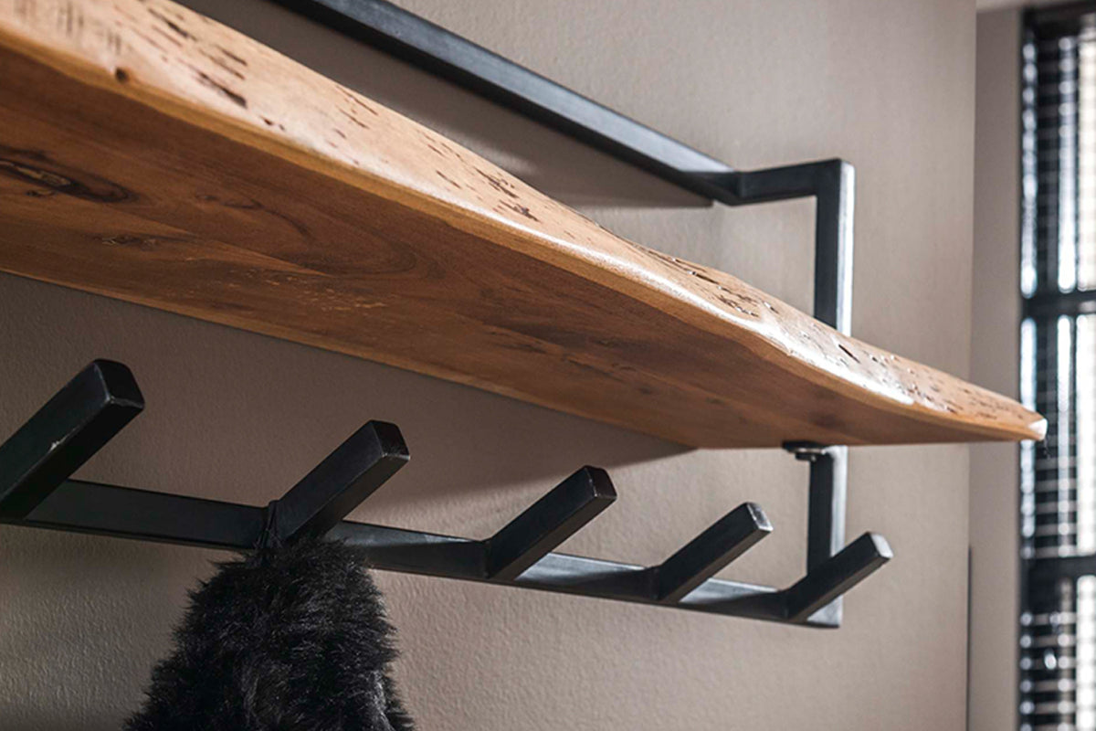 KAWOLA Garderobe NEREA Akazie Metall Hutablage mit Baumkante 6 Haken schwarz