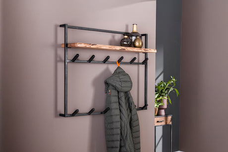 KAWOLA Garderobe RAICA Akazie Metall Hutablage 12 Haken schwarz