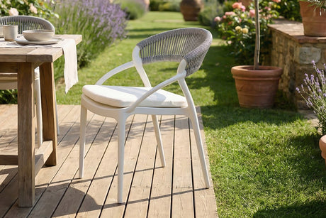 KAWOLA Gartenstuhl KISO Outdoor weiß mit Kissen Rückenlehne Rope grau