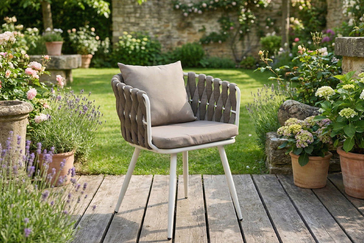 KAWOLA Gartenstuhl LUSHA Outdoor cremefarben Rope dunkelgrau mit Kissen