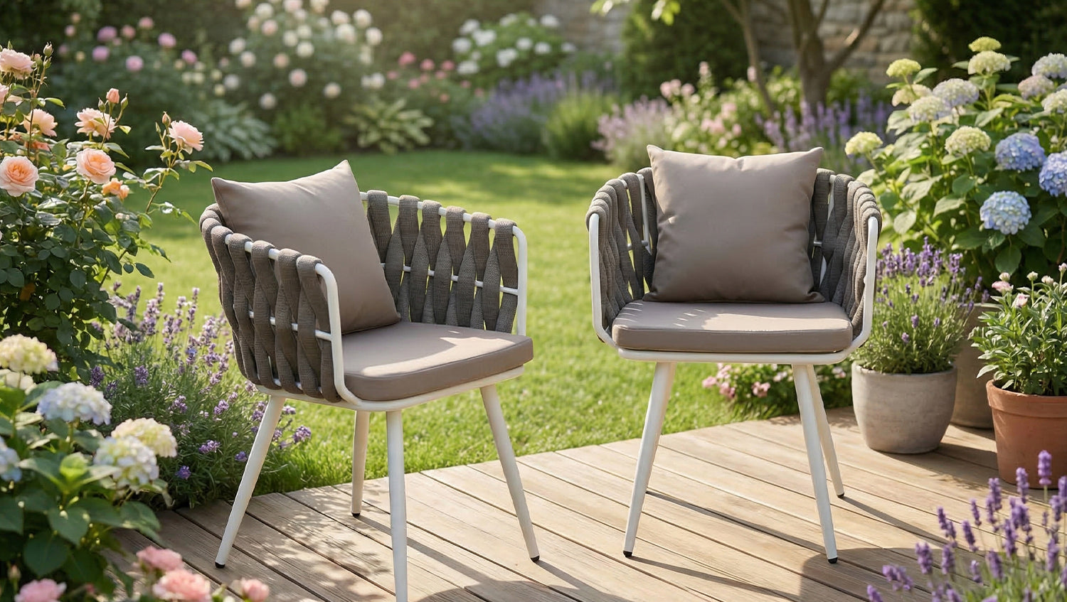 KAWOLA Gartenstuhl LUSHA Outdoor cremefarben Rope dunkelgrau mit Kissen