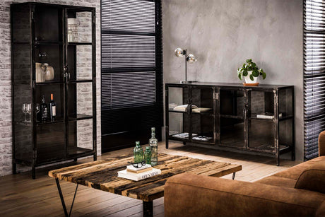 KAWOLA Highboard ARLES Vitrine Metall schwarz 2 Türen
