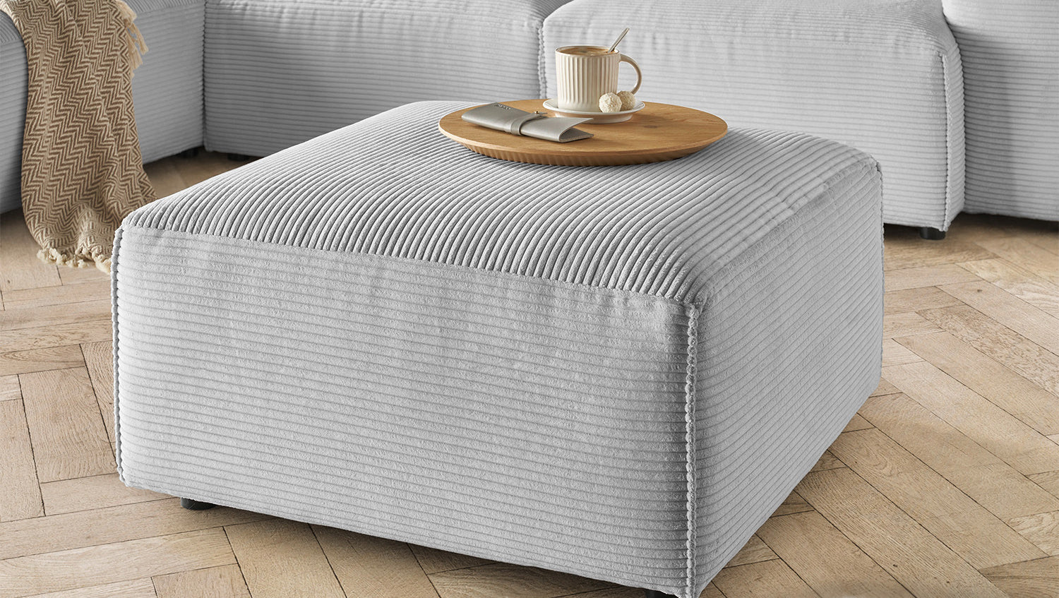 KAWOLA Hocker RANI Polsterhocker Cord hellgrau