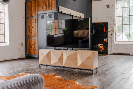 KAWOLA Lowboard ANJO TV-Board 4 Türen Eiche furniert braun Fuß Metall schwarz pulverbeschichtet