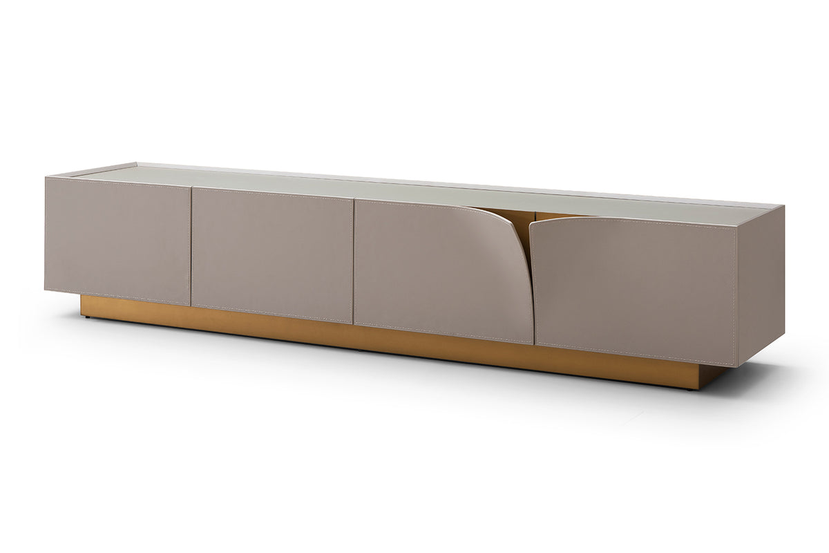 KAWOLA Lowboard EMMA TV-Board Kunstleder grau Fuß Edelstahl messingfarben