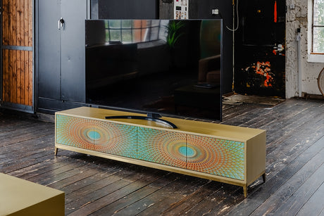 KAWOLA Lowboard LAGO TV-Board 4 Türen Glas grün Fuß Edelstahl goldfarben