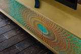 KAWOLA Lowboard LAGO TV-Board 4 Türen Glas grün Fuß Edelstahl goldfarben