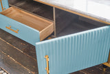 KAWOLA Lowboard MARIA TV-Bank Marmorplatte Kunstleder hellblau