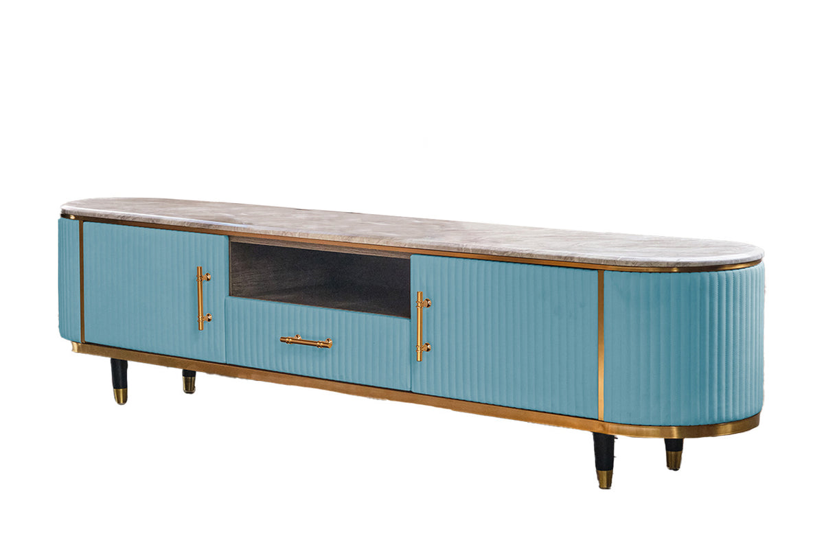 KAWOLA Lowboard MARIA TV-Bank Marmorplatte Kunstleder hellblau