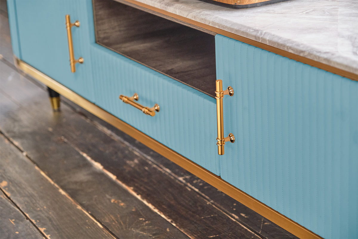 KAWOLA Lowboard MARIA TV-Bank Marmorplatte Kunstleder hellblau