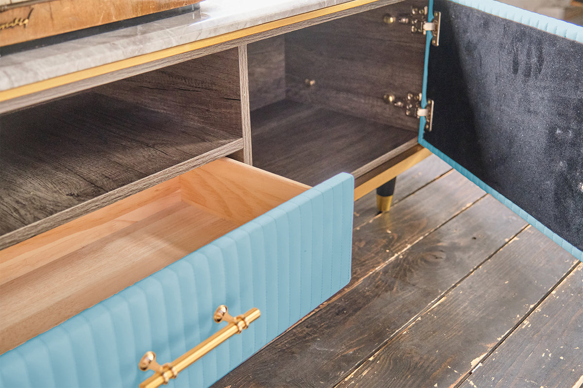 KAWOLA Lowboard MARIA TV-Bank Marmorplatte Kunstleder hellblau