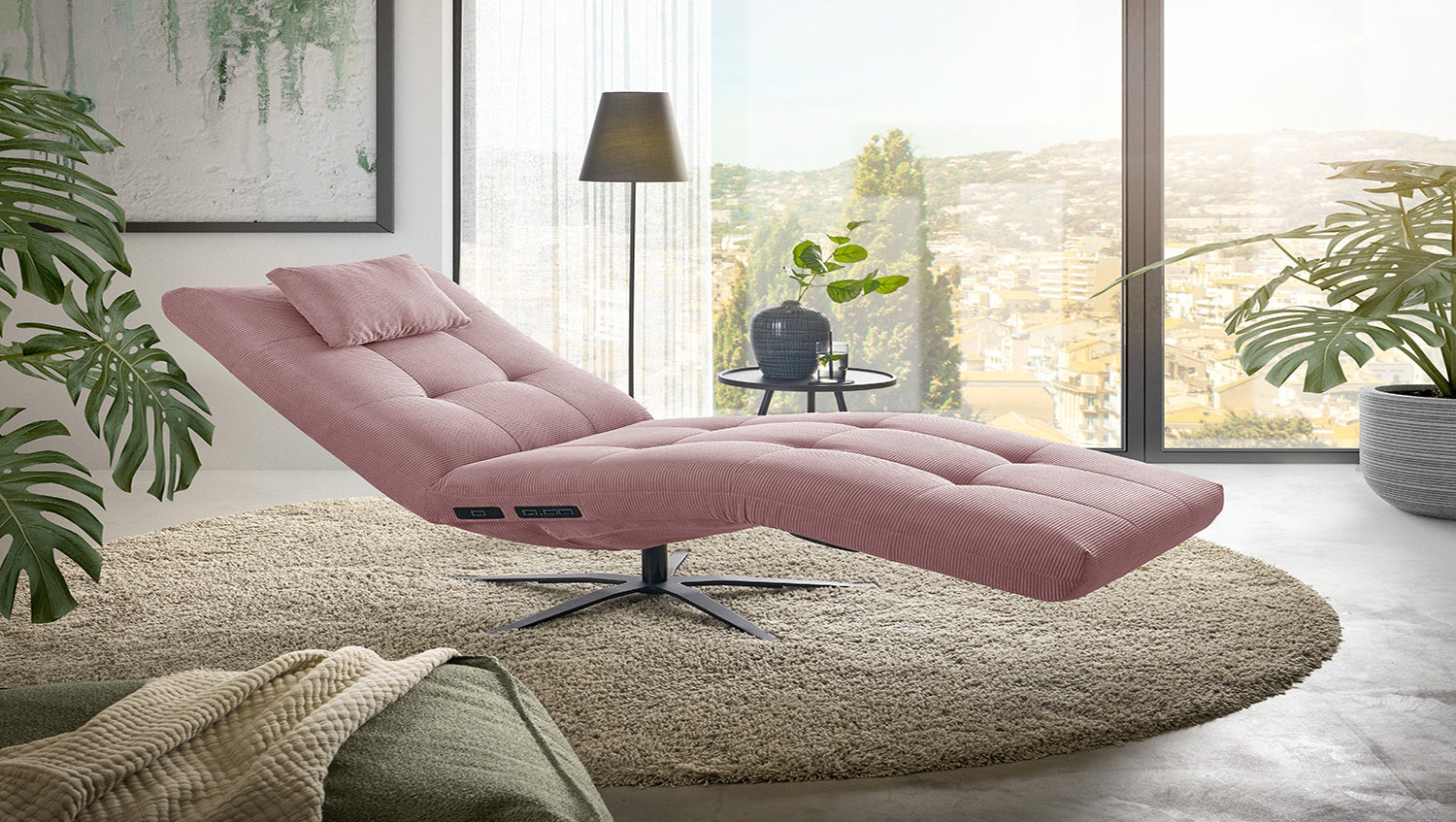 KAWOLA Relaxliege LETICIA motorisch Feincord rosa, Mit Kissen, Relaxfunktion, Drehbar (360°), Mit Akku