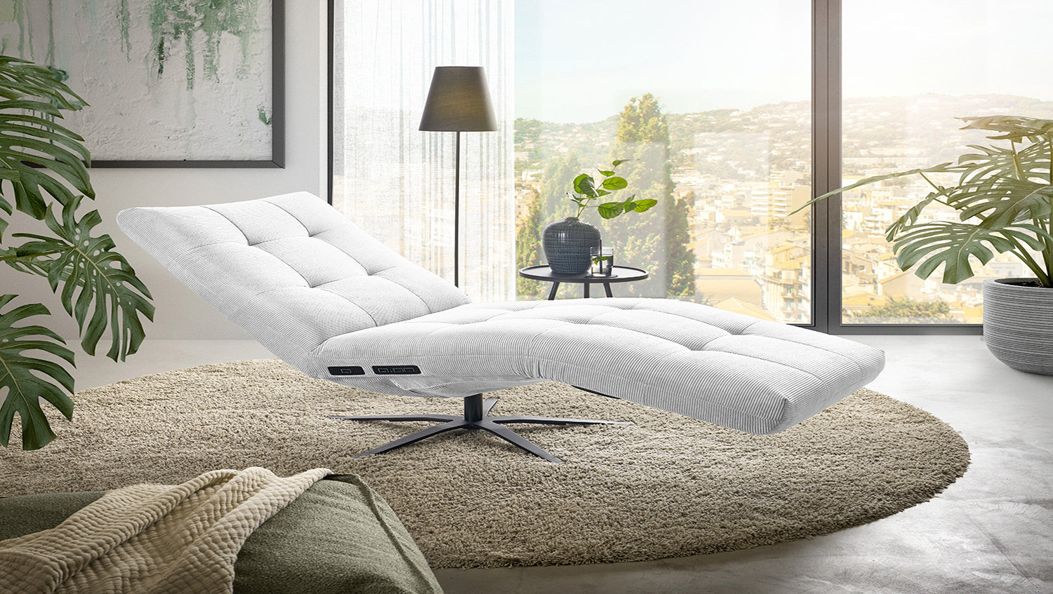 KAWOLA Relaxliege LETICIA motorisch Feincord weiß, Ohne Zusatzausstattung, Drehbar (360°), Relaxfunktion, Mit Akku
