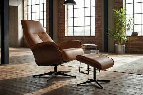 KAWOLA Relaxsessel FERREIRA Drehsessel Leder braun mit Hocker