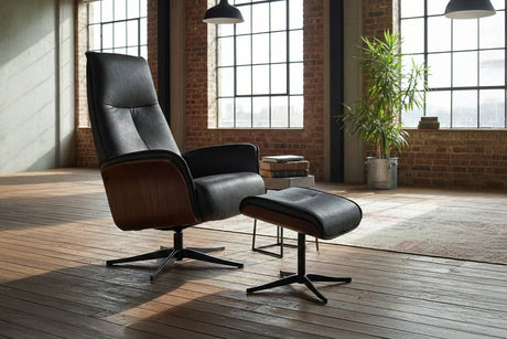 KAWOLA Relaxsessel FERREIRA Drehsessel Leder schwarz mit Hocker
