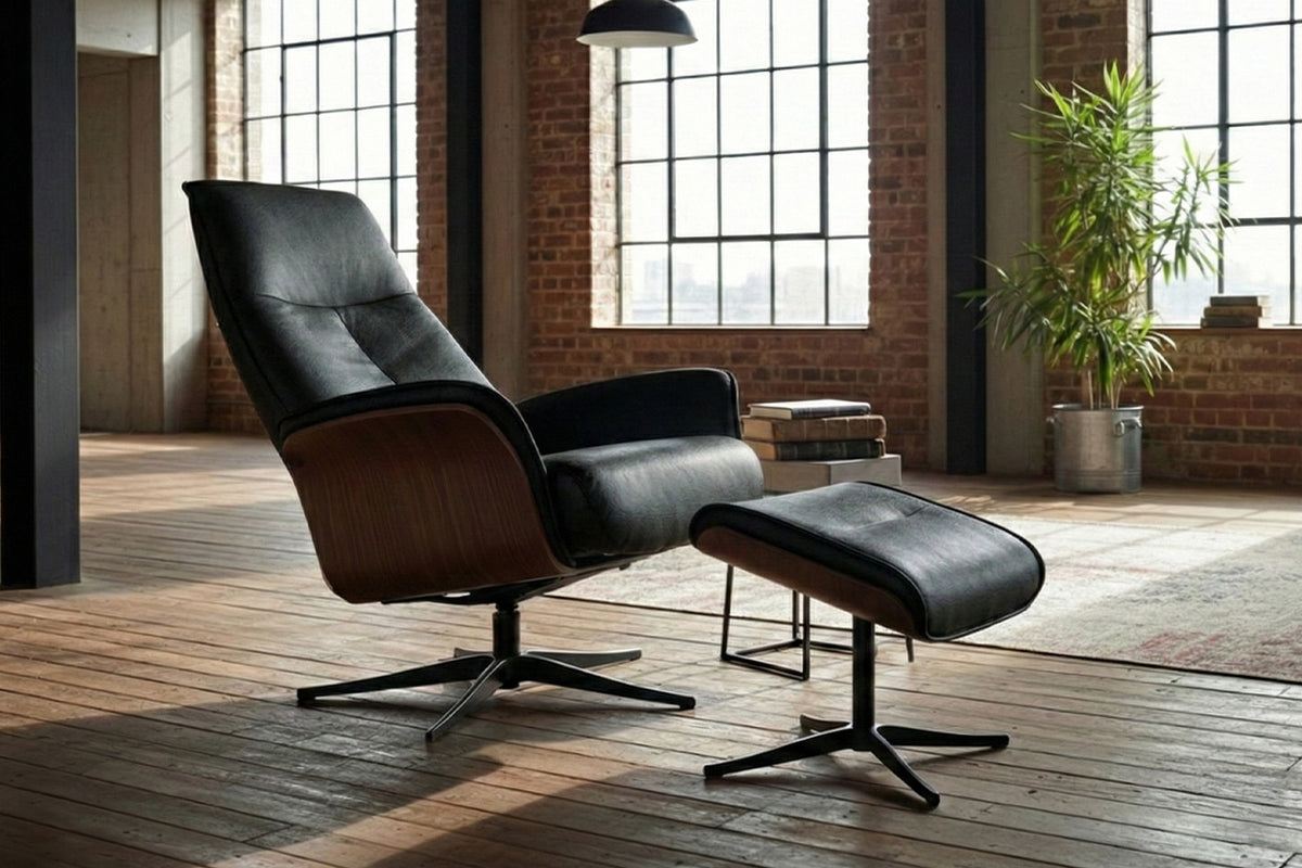 KAWOLA Relaxsessel FERREIRA Drehsessel Leder schwarz mit Hocker