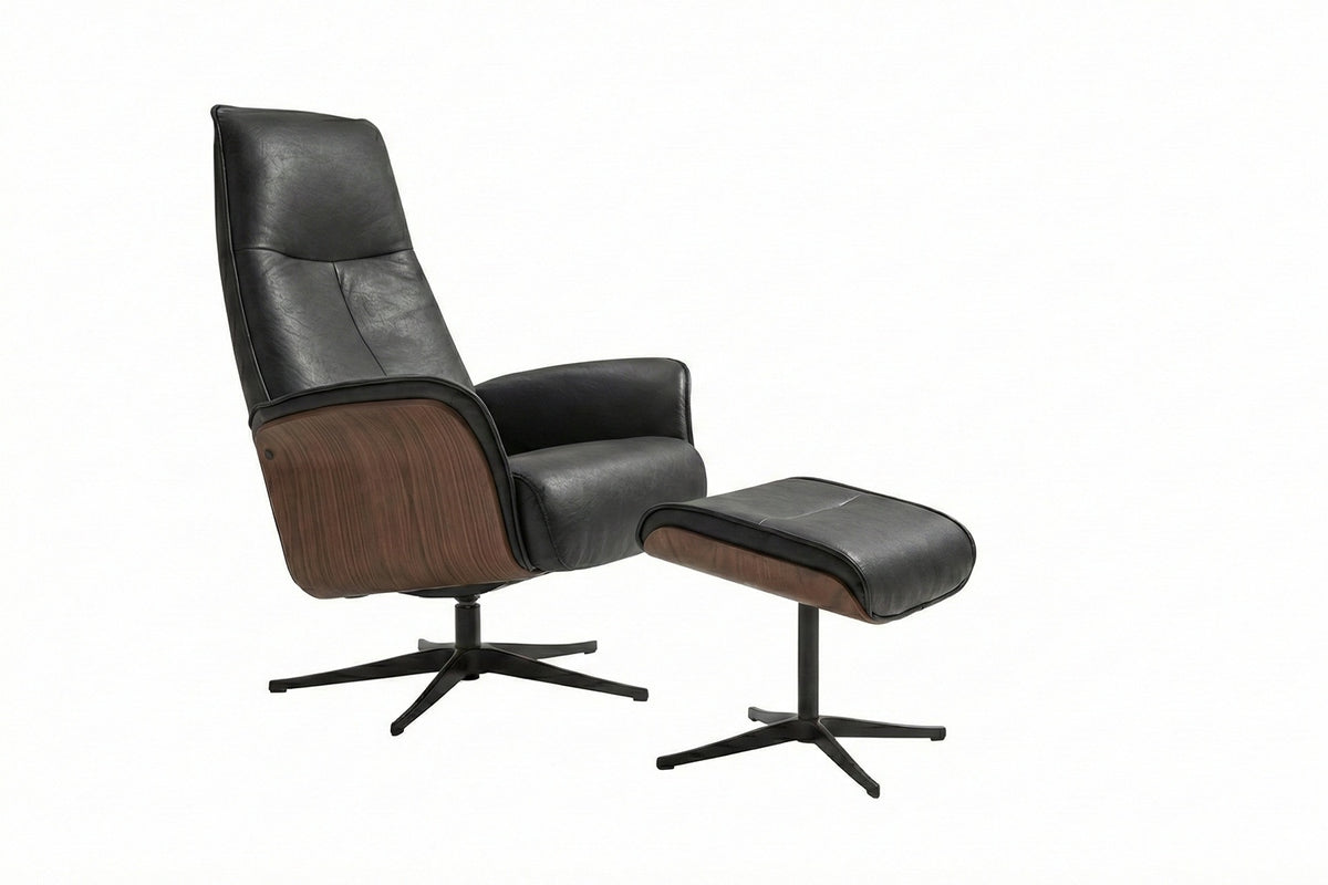 KAWOLA Relaxsessel FERREIRA Drehsessel Leder schwarz mit Hocker