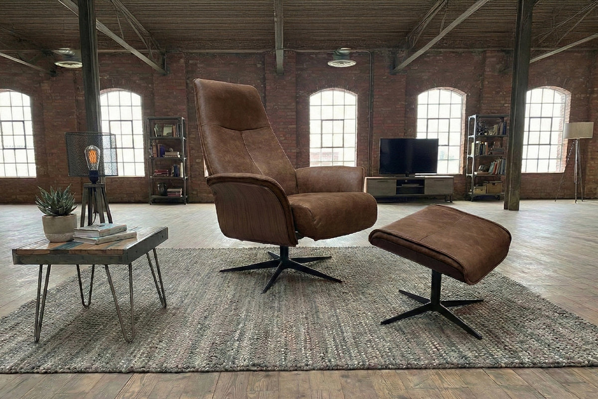 KAWOLA Relaxsessel FERREIRA Drehsessel Lederfaserstoff cognac mit Hocker