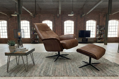 KAWOLA Relaxsessel FERREIRA Drehsessel Lederfaserstoff cognac mit Hocker