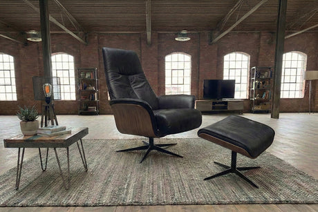 KAWOLA Relaxsessel FERREIRA Drehsessel Lederfaserstoff schwarz mit Hocker