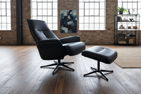 KAWOLA Relaxsessel JOSIANE Drehsessel Leder schwarz mit Hocker