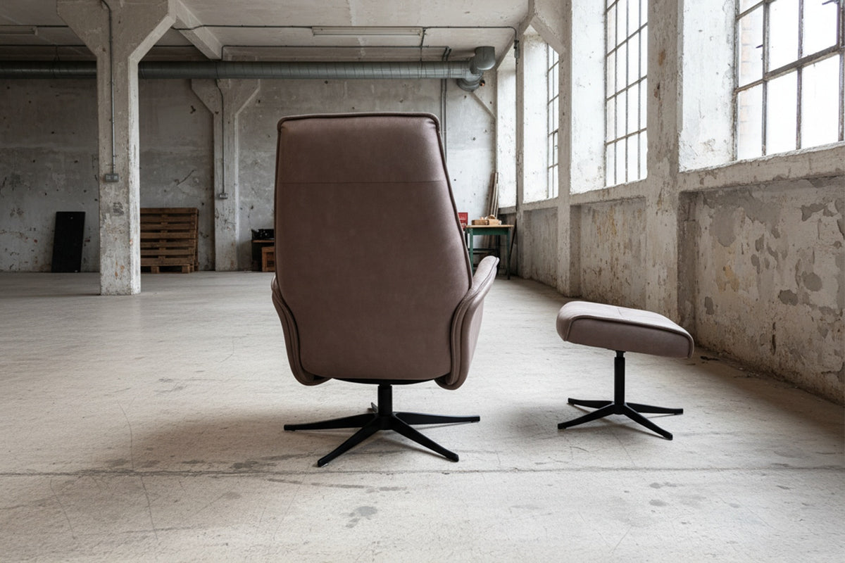 KAWOLA Relaxsessel JOSIANE Drehsessel Lederfaserstoff anthrazit mit Hocker