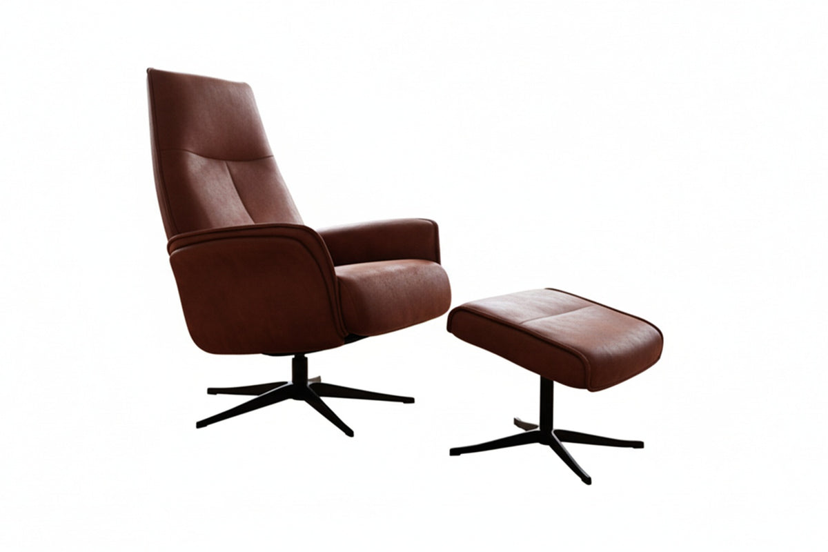 KAWOLA Relaxsessel JOSIANE Drehsessel Lederfaserstoff cognac mit Hocker