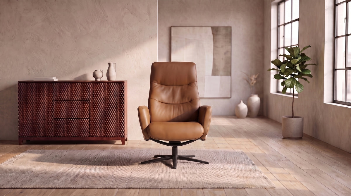KAWOLA Relaxsessel VANITAS Drehsessel Leder braun mit Hocker