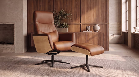 KAWOLA Relaxsessel VANITAS Drehsessel Leder braun mit Hocker, Armlehne Eiche