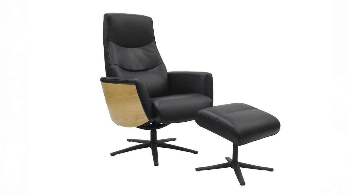 KAWOLA Relaxsessel VANITAS Drehsessel Leder schwarz mit Hocker