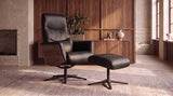 KAWOLA Relaxsessel VANITAS Drehsessel Leder schwarz mit Hocker, Armlehne Nussbaum