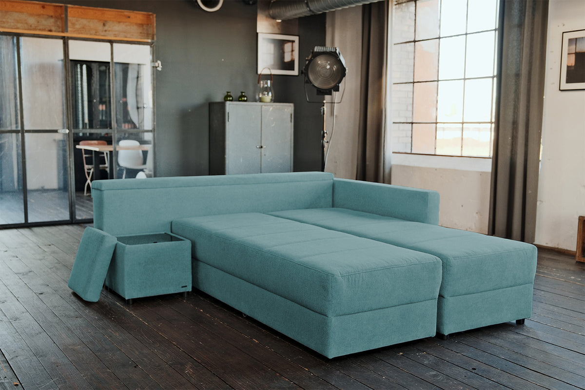 KAWOLA Schlafsofa IDA Sofa Boxspringbett Stoff petrol mit Topper
