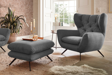 KAWOLA Sessel CHARME Hochlehnsessel Cord grau, Mit Fußhocker