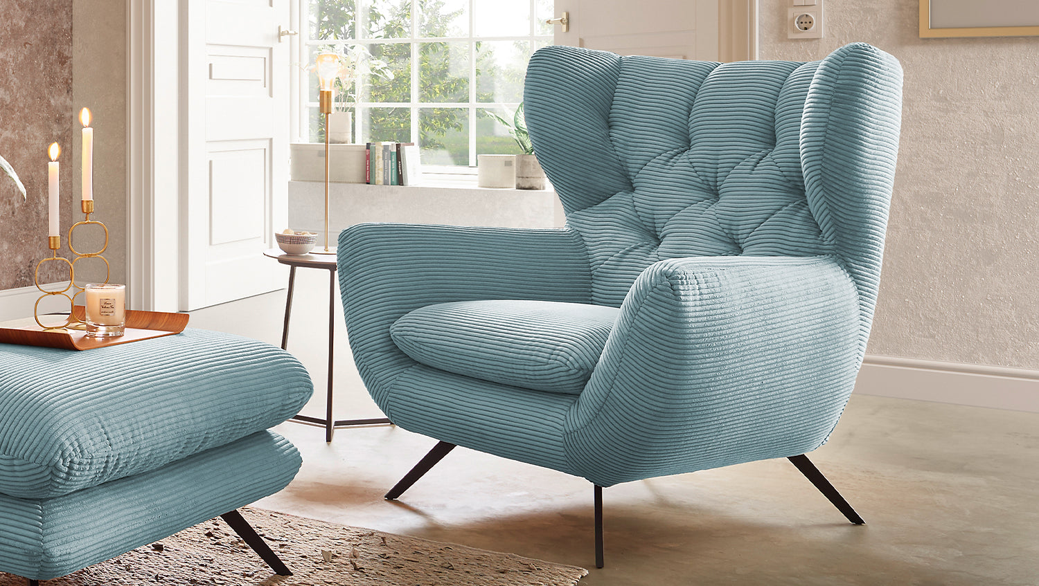 KAWOLA Sessel CHARME Hochlehnsessel Cord hellblau