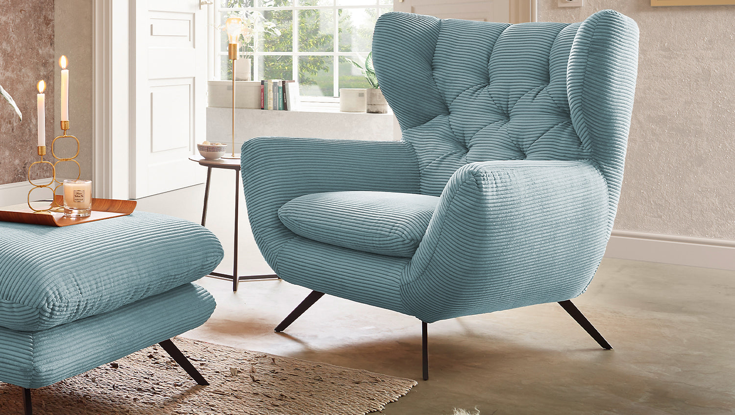 KAWOLA Sessel CHARME Hochlehnsessel Cord hellblau