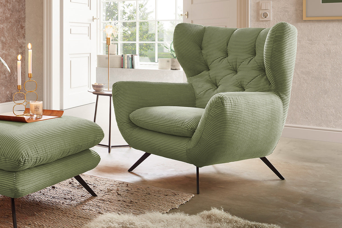 KAWOLA Sessel CHARME Hochlehnsessel Cord olivgrün