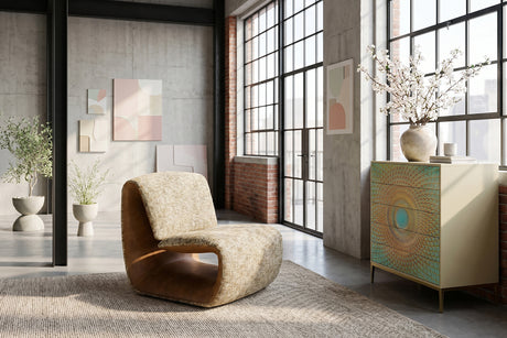 KAWOLA Sessel HAZEL Loungesessel Stoff multi beige / Kunstleder braun