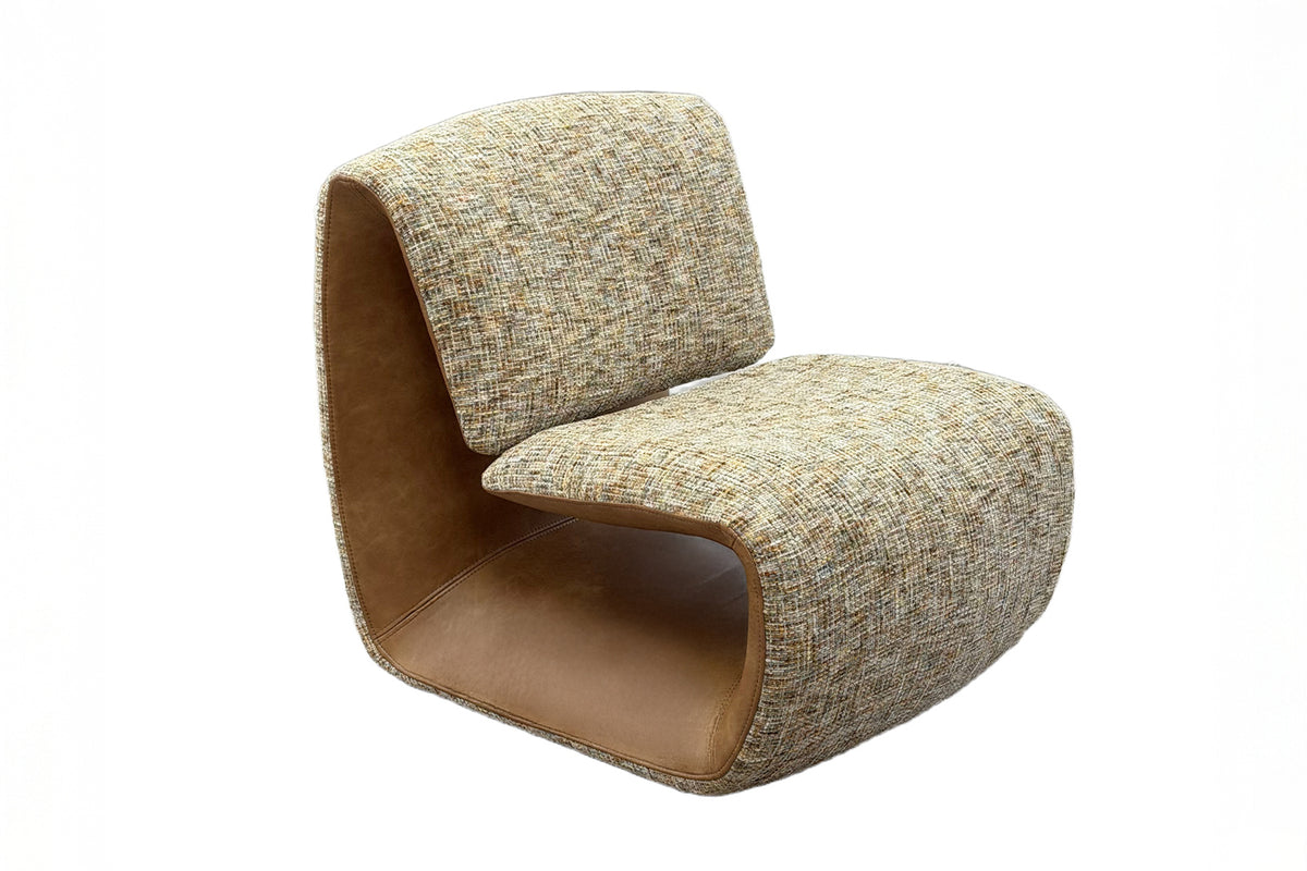 KAWOLA Sessel HAZEL Loungesessel Stoff multi beige / Kunstleder braun