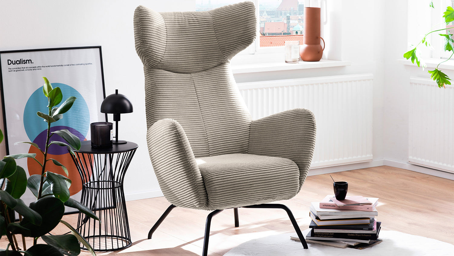 KAWOLA Sessel LOTTE Ohrensessel Cord steingrau